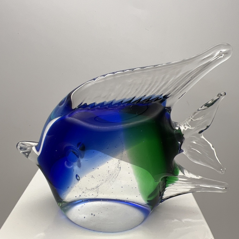 Vintage Murano Style Art Glass Angelfish Figurine Paperweight Blue Green Stripe